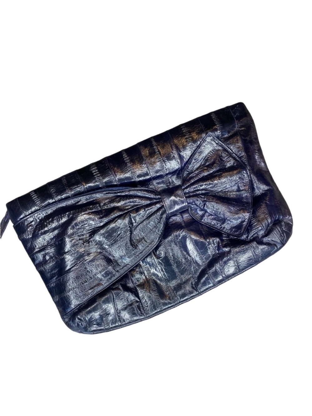 Leather of the Sea Vintage 80s Black Eelskin Front Bow Clutch Purse Wristlet Bag